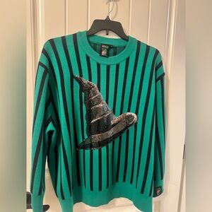 QUEEN OF SPARKLES Green and Black Striped Crewneck Sweater with Sequin Witch Hat